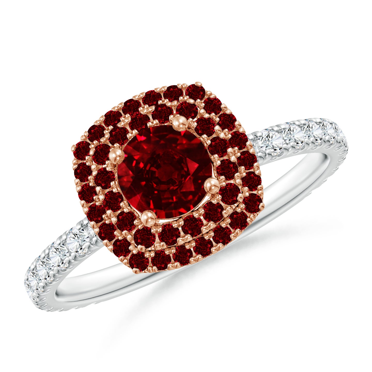 5mm AAAA Round Ruby Two Tone Ring with Double Halo in White Gold Rose Gold