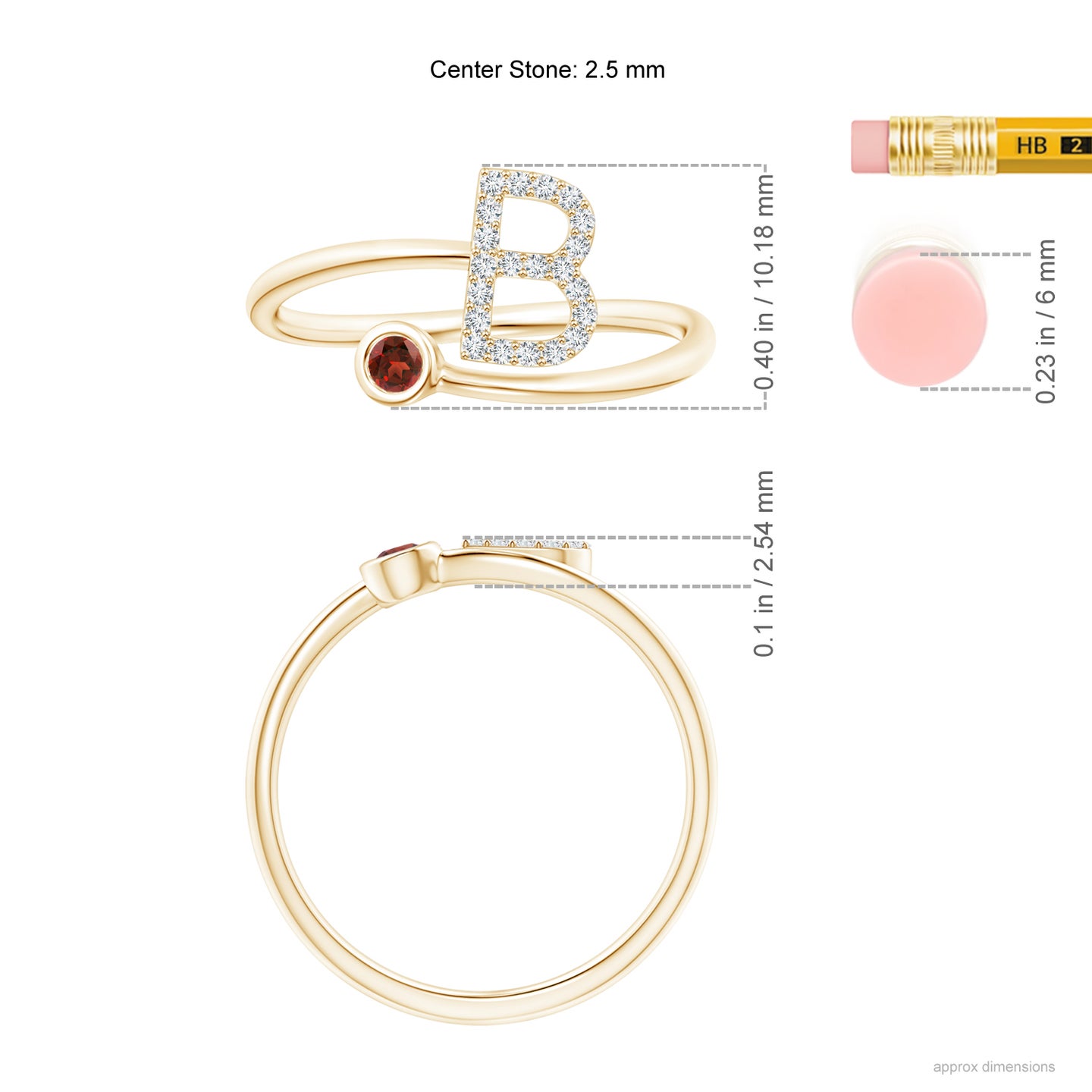 2.5mm AAAA Capital "B" Diamond Initial Ring with Bezel-Set Garnet in Yellow Gold
