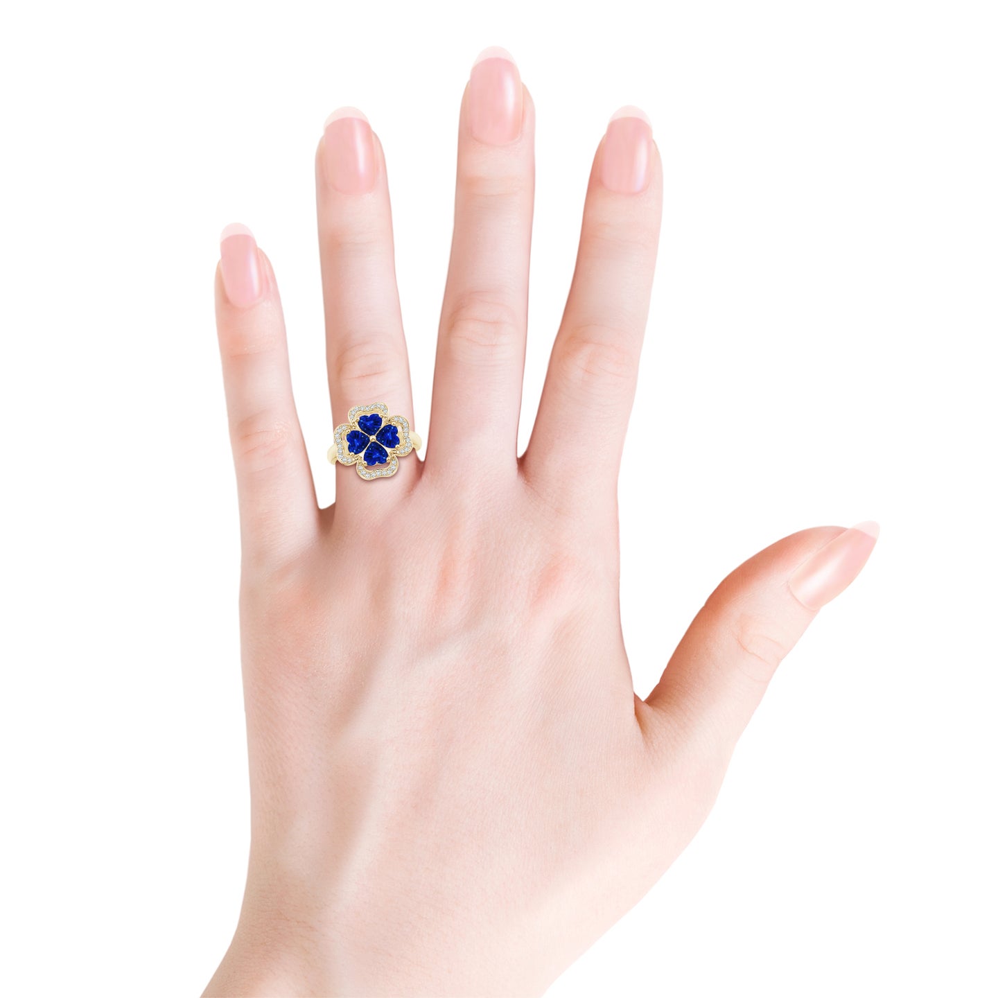 5mm AAAA Heart-Shaped Sapphire Clover Ring in Yellow Gold
