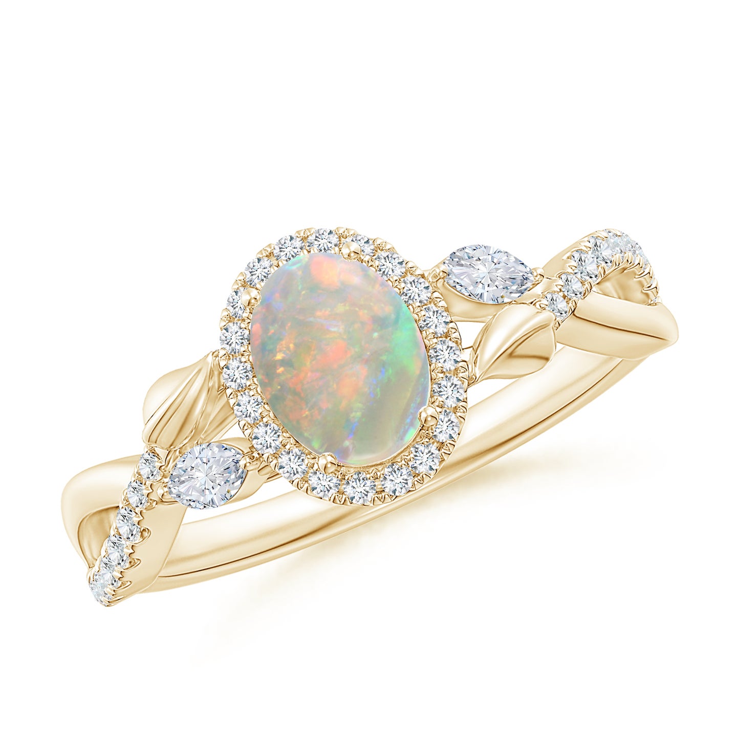 7x5mm AAAA Oval Opal Twisted Vine Ring with Diamond Halo in Yellow Gold 7x5mm AAAA Oval Opal Twisted Vine Ring with Diamond Halo in Yellow Gold