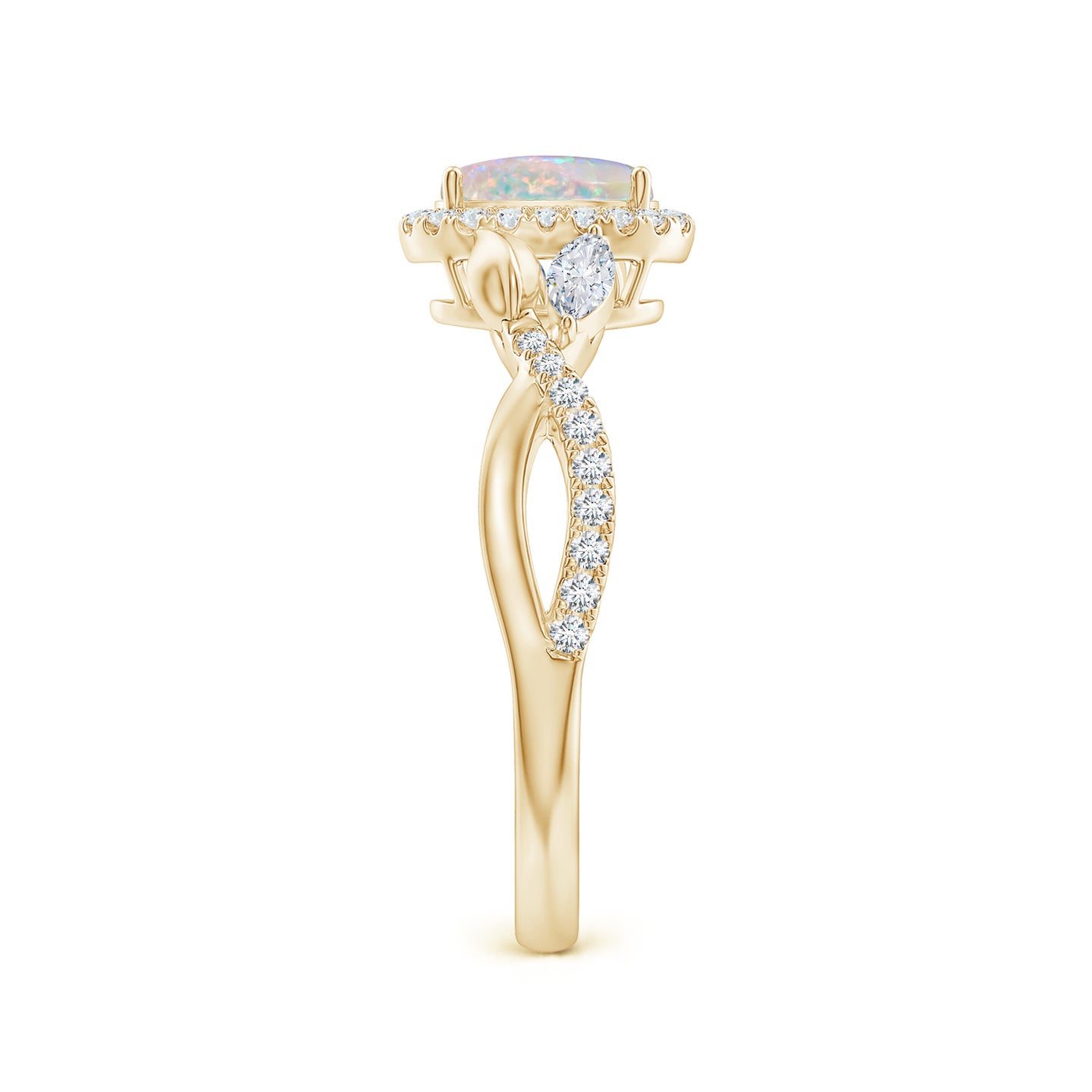 7x5mm AAAA Oval Opal Twisted Vine Ring with Diamond Halo in Yellow Gold 7x5mm AAAA Oval Opal Twisted Vine Ring with Diamond Halo in Yellow Gold