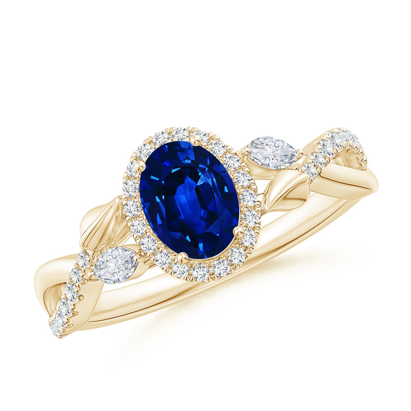 Lab-Grown Oval Sapphire Twisted Vine Ring with Diamond Halo