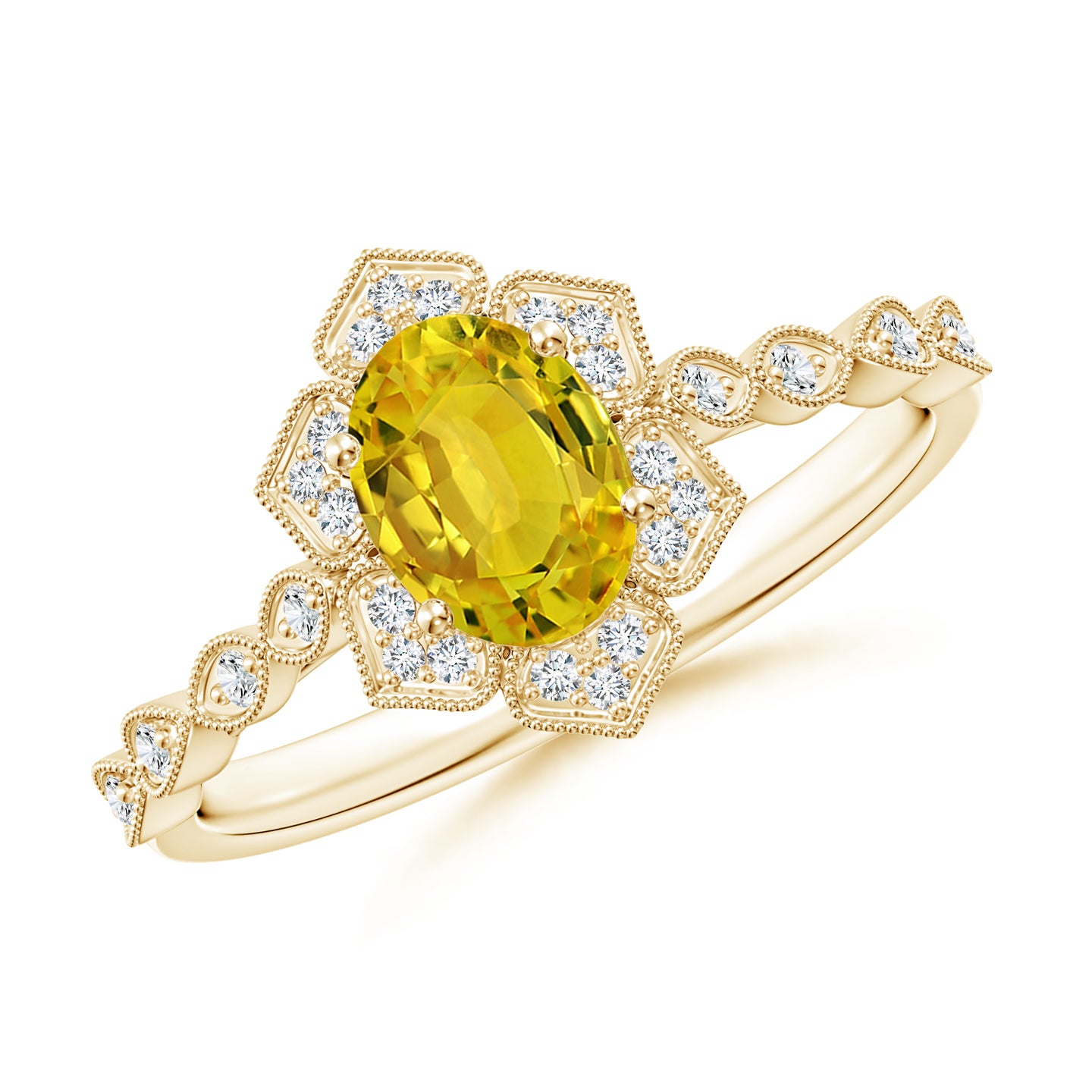 7x5mm AAAA Oval Yellow Sapphire Trillium Floral Shank Ring in Yellow Gold