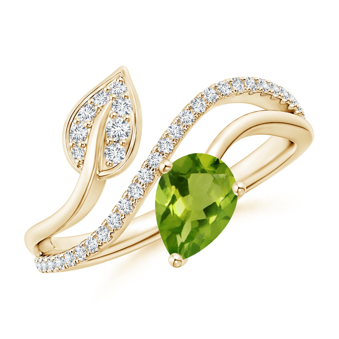 7x5mm AAAA Peridot and Diamond Bypass Ring with Leaf Motif in Yellow Gold