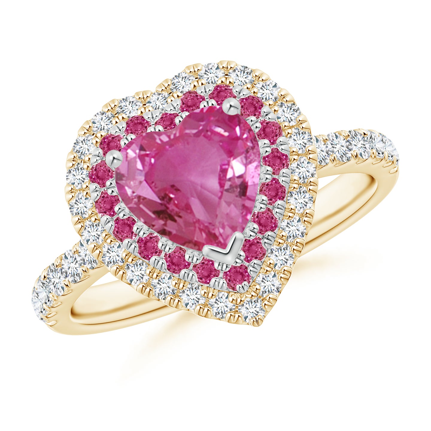 7mm AAAA Heart-Shaped Pink Sapphire Two Tone Ring with Double Halo in Yellow Gold White Gold