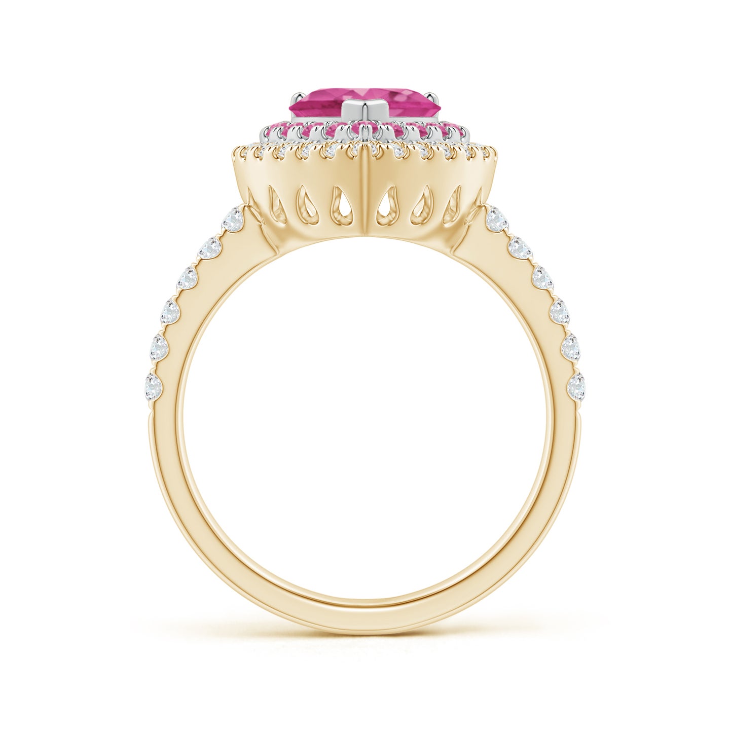 7mm AAAA Heart-Shaped Pink Sapphire Two Tone Ring with Double Halo in Yellow Gold White Gold