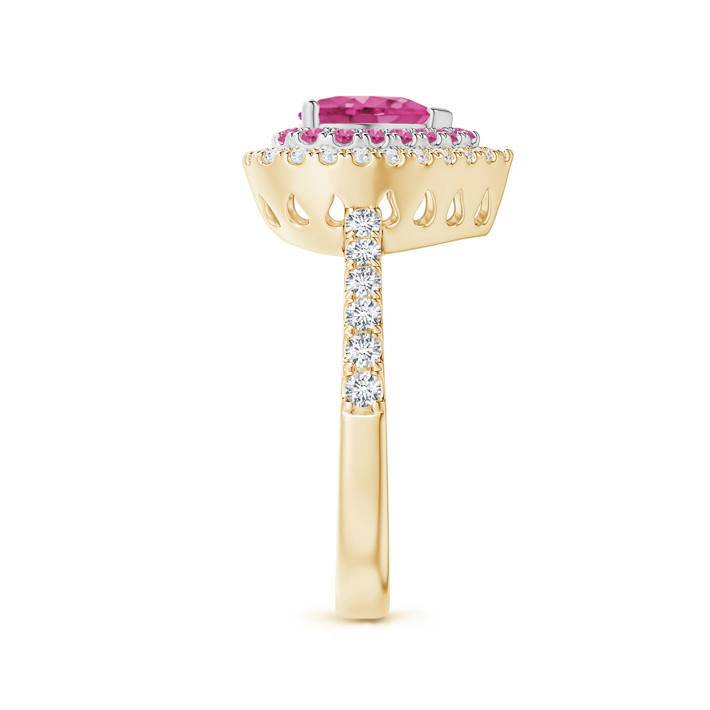7mm AAAA Heart-Shaped Pink Sapphire Two Tone Ring with Double Halo in Yellow Gold White Gold