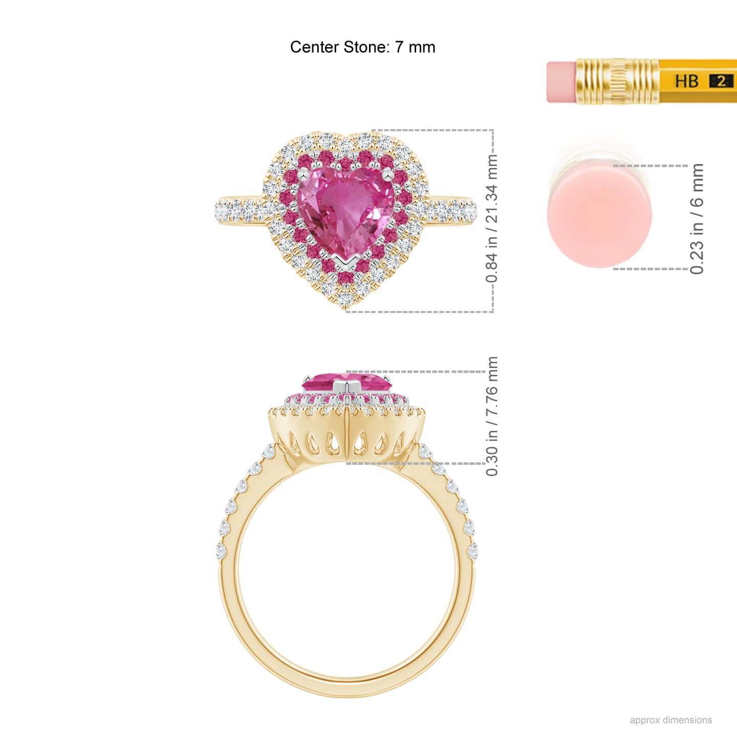 7mm AAAA Heart-Shaped Pink Sapphire Two Tone Ring with Double Halo in Yellow Gold White Gold