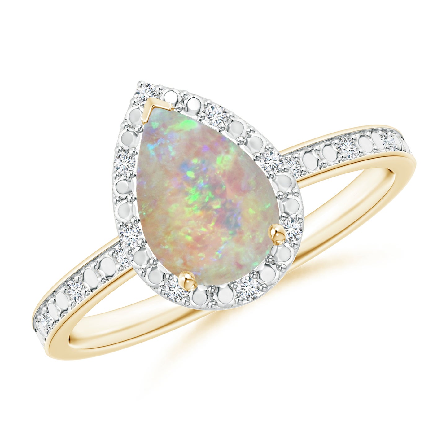 9x6mm AAAA Prong-Set Pear-Shaped Opal Ring with Beaded Halo in Yellow Gold