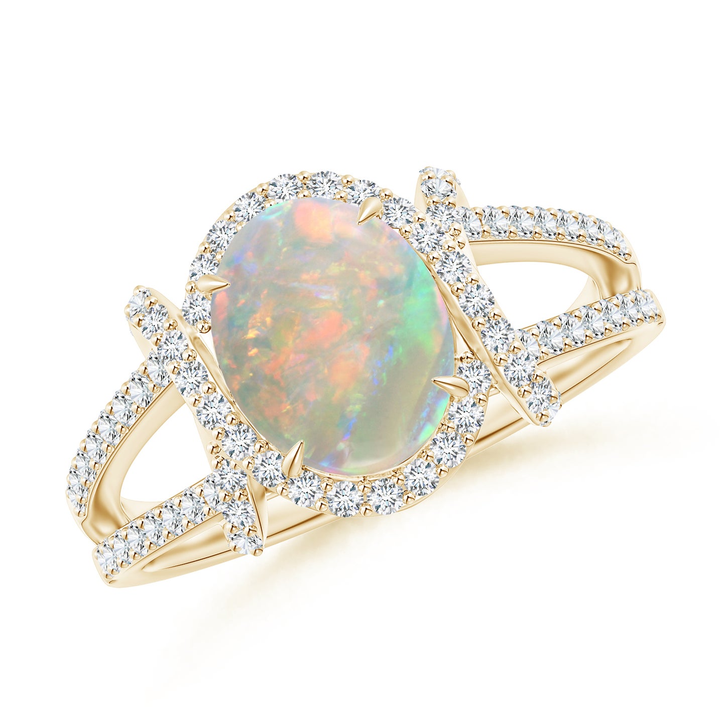 9x7mm AAAA Oval Opal Split Shank Cocktail Ring with Diamonds in Yellow Gold