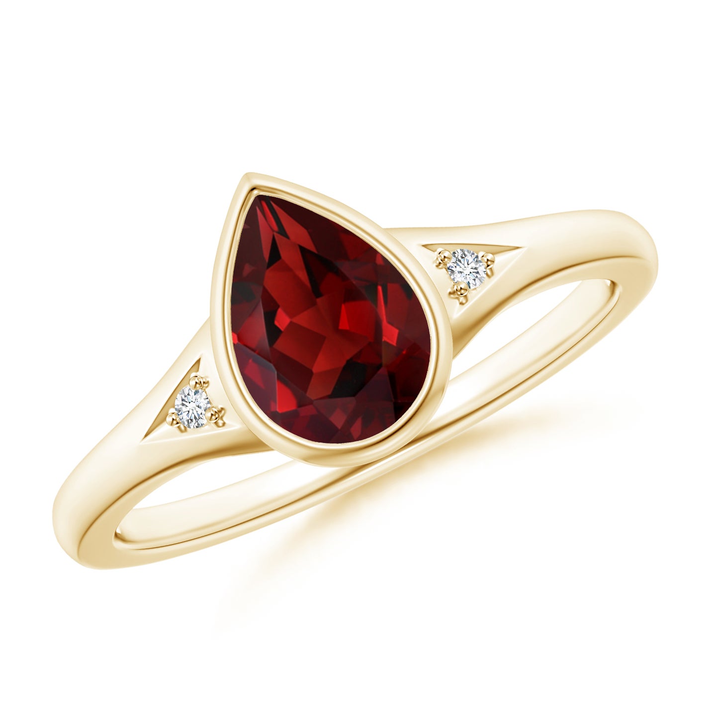 8x6mm AAAA Bezel-Set Pear-Shaped Garnet Ring with Diamonds in Yellow Gold