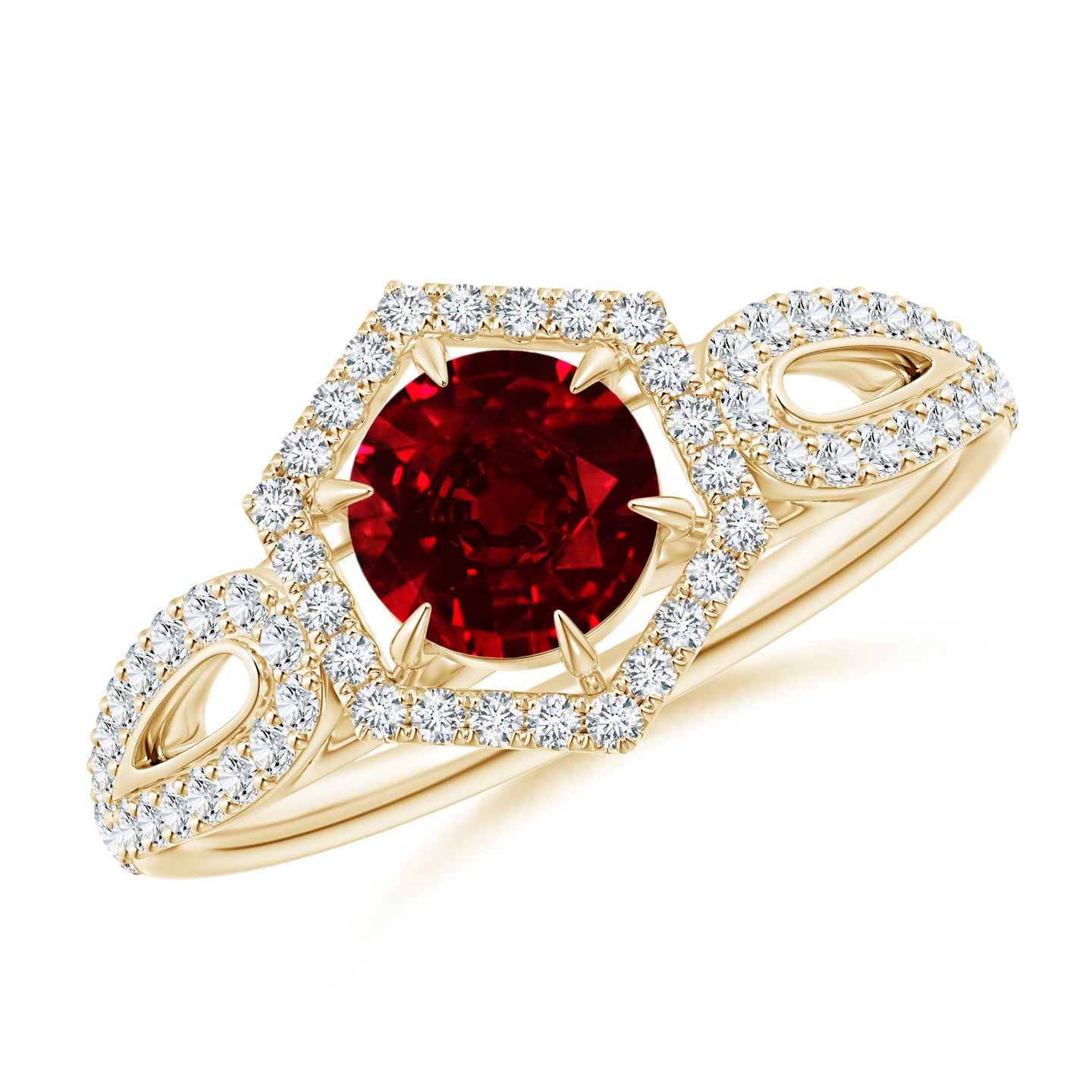 Ruby Split Shank Ring With Diamond Hexagon Halo