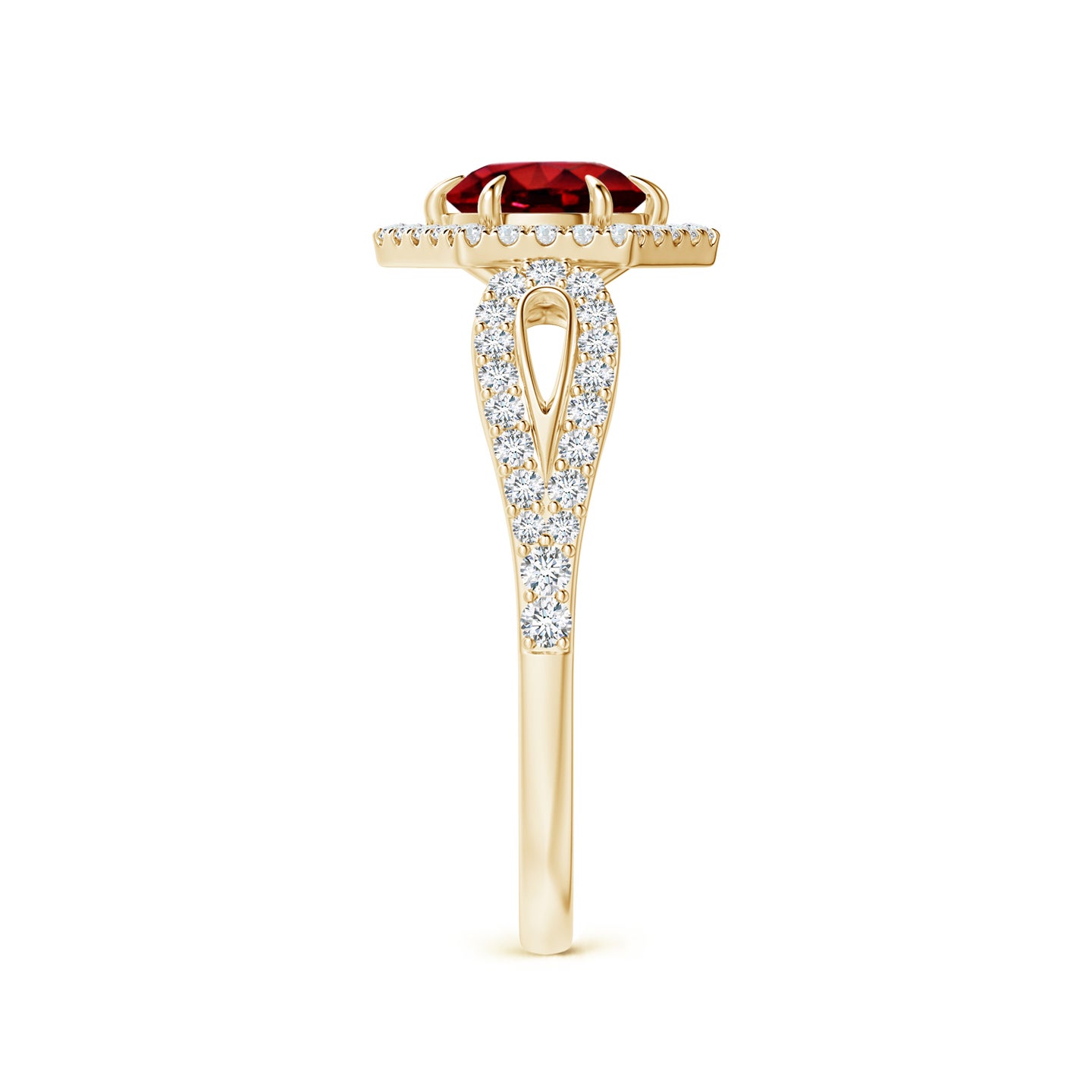 Ruby Split Shank Ring With Diamond Hexagon Halo