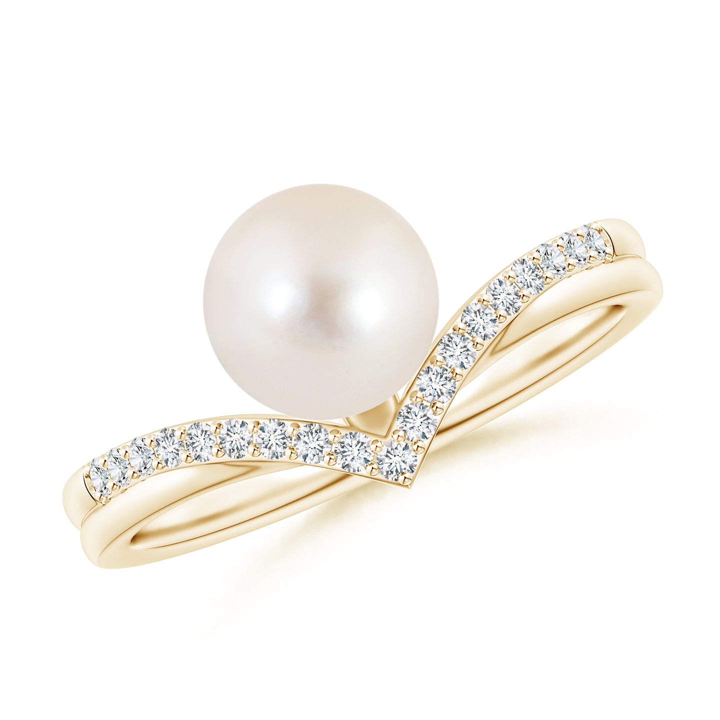 7mm AAAA Freshwater Pearl and Diamond Chevron Ring in Yellow Gold
