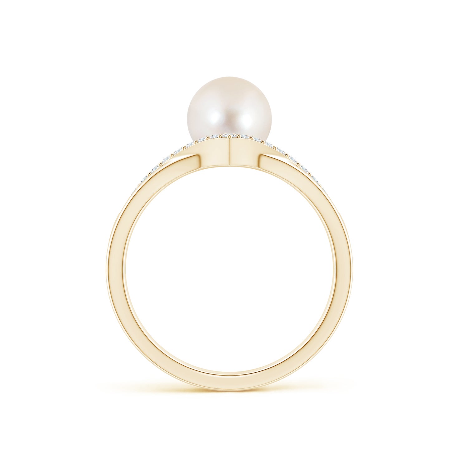 7mm AAAA Freshwater Pearl and Diamond Chevron Ring in Yellow Gold