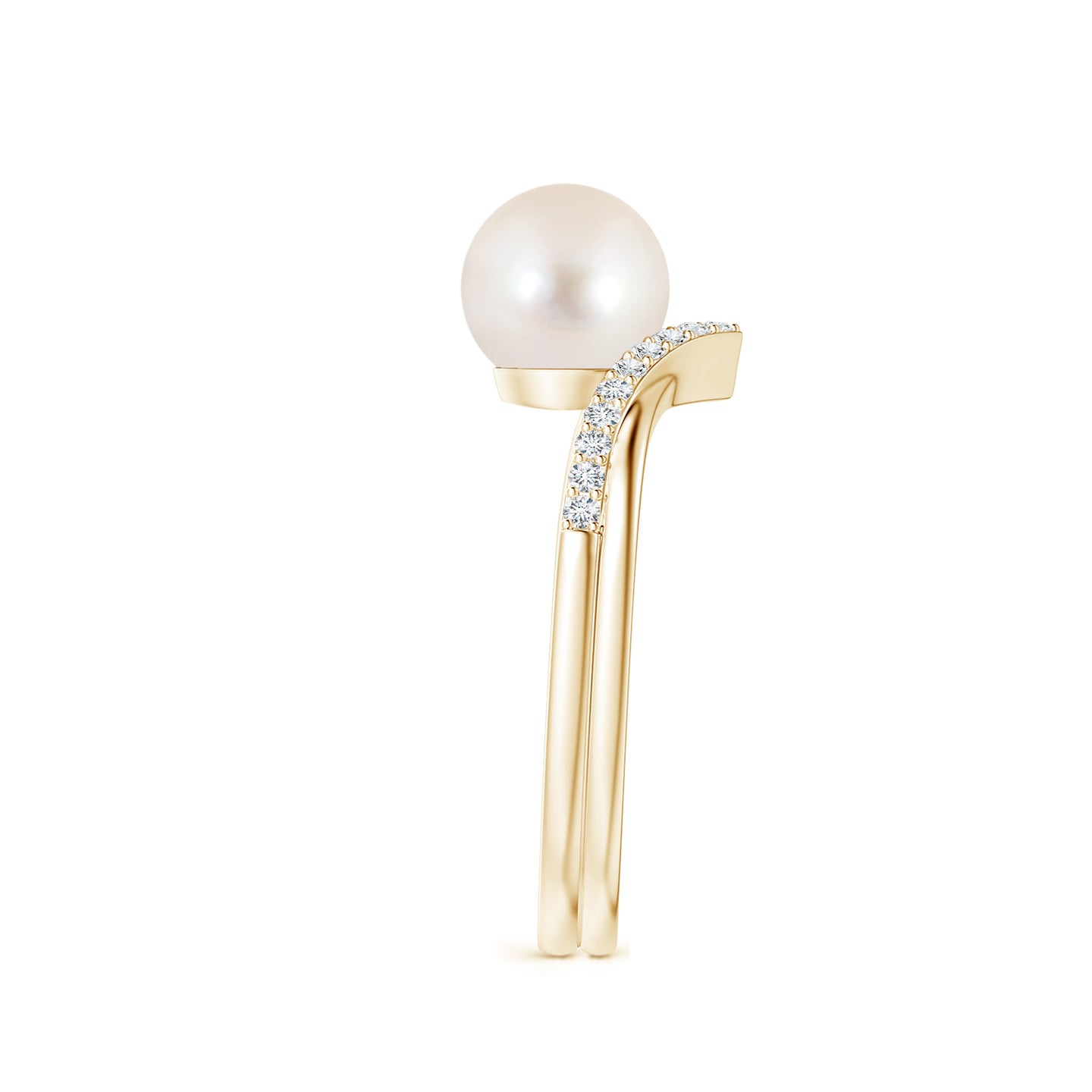 7mm AAAA Freshwater Pearl and Diamond Chevron Ring in Yellow Gold