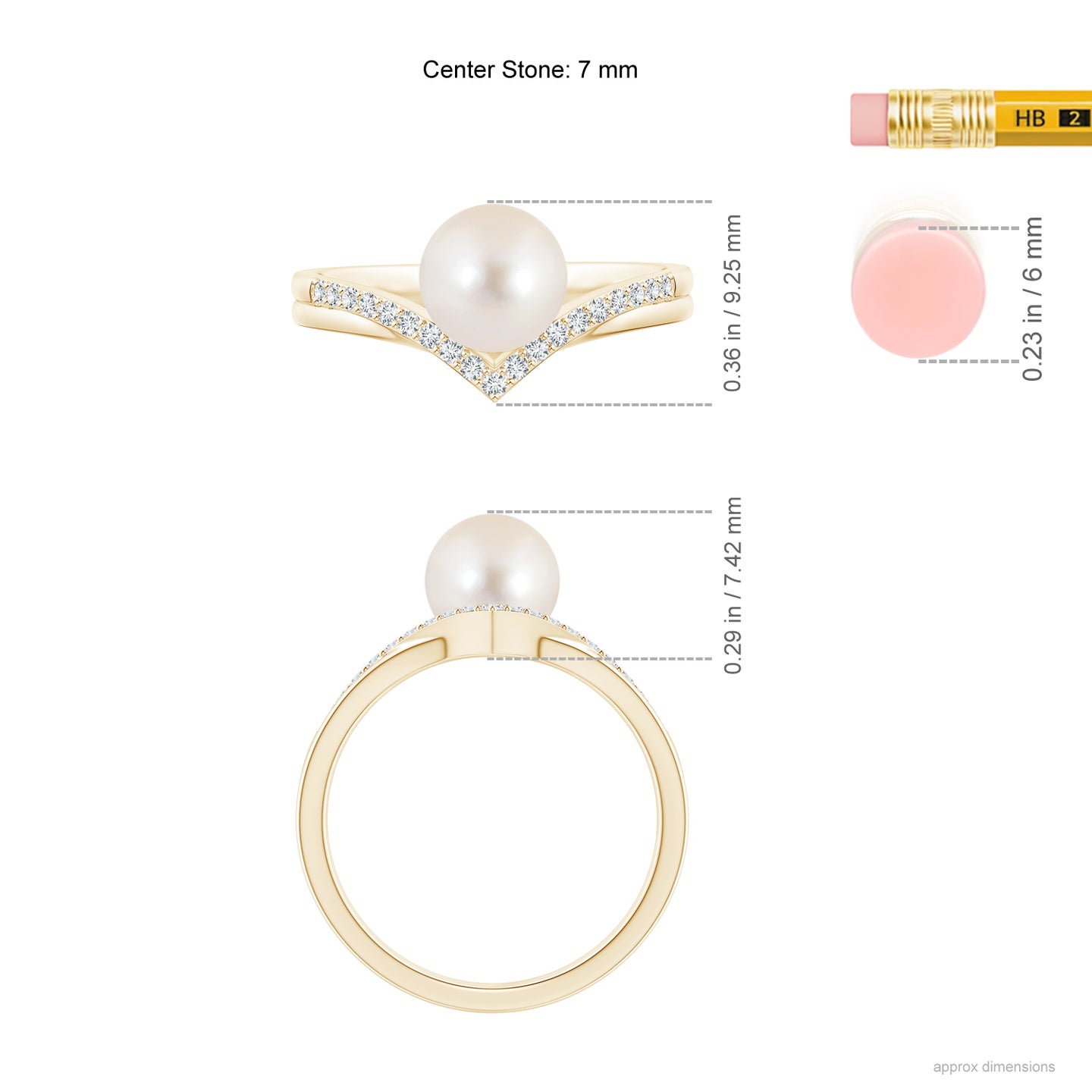 7mm AAAA Freshwater Pearl and Diamond Chevron Ring in Yellow Gold