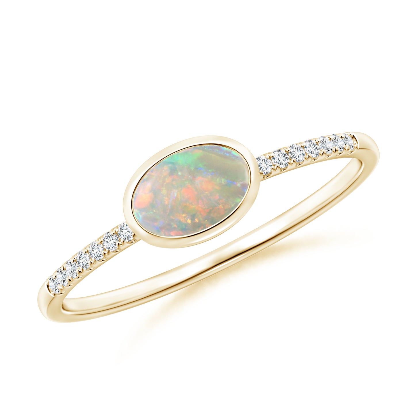 6x4mm AAAA East-West Bezel-Set Oval Opal and Diamond Ring in Yellow Gold