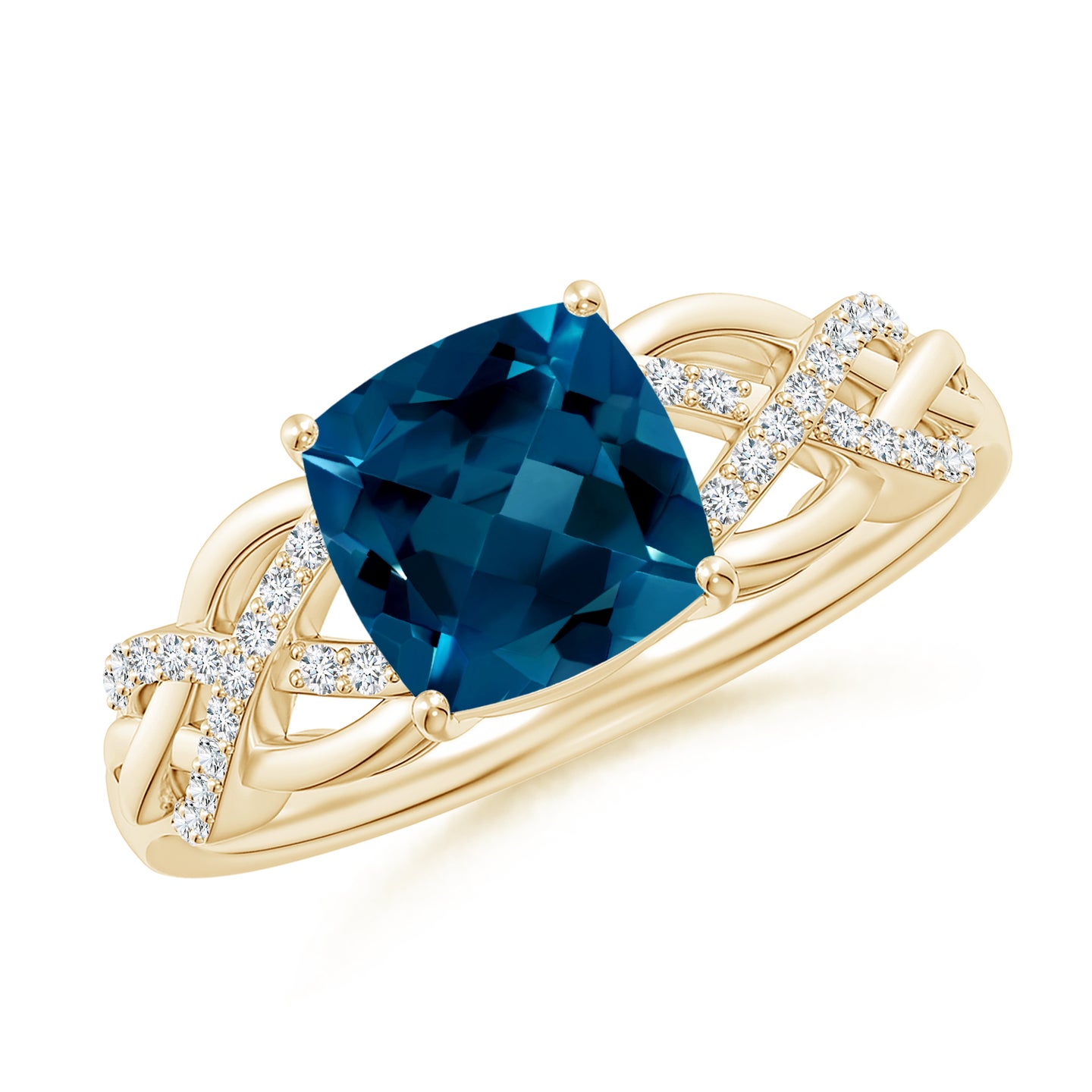 7mm AAAA Criss Cross Shank Cushion London Blue Topaz Engagement Ring in Yellow Gold 7mm AAAA Criss Cross Shank Cushion London Blue Topaz Engagement Ring in Yellow Gold