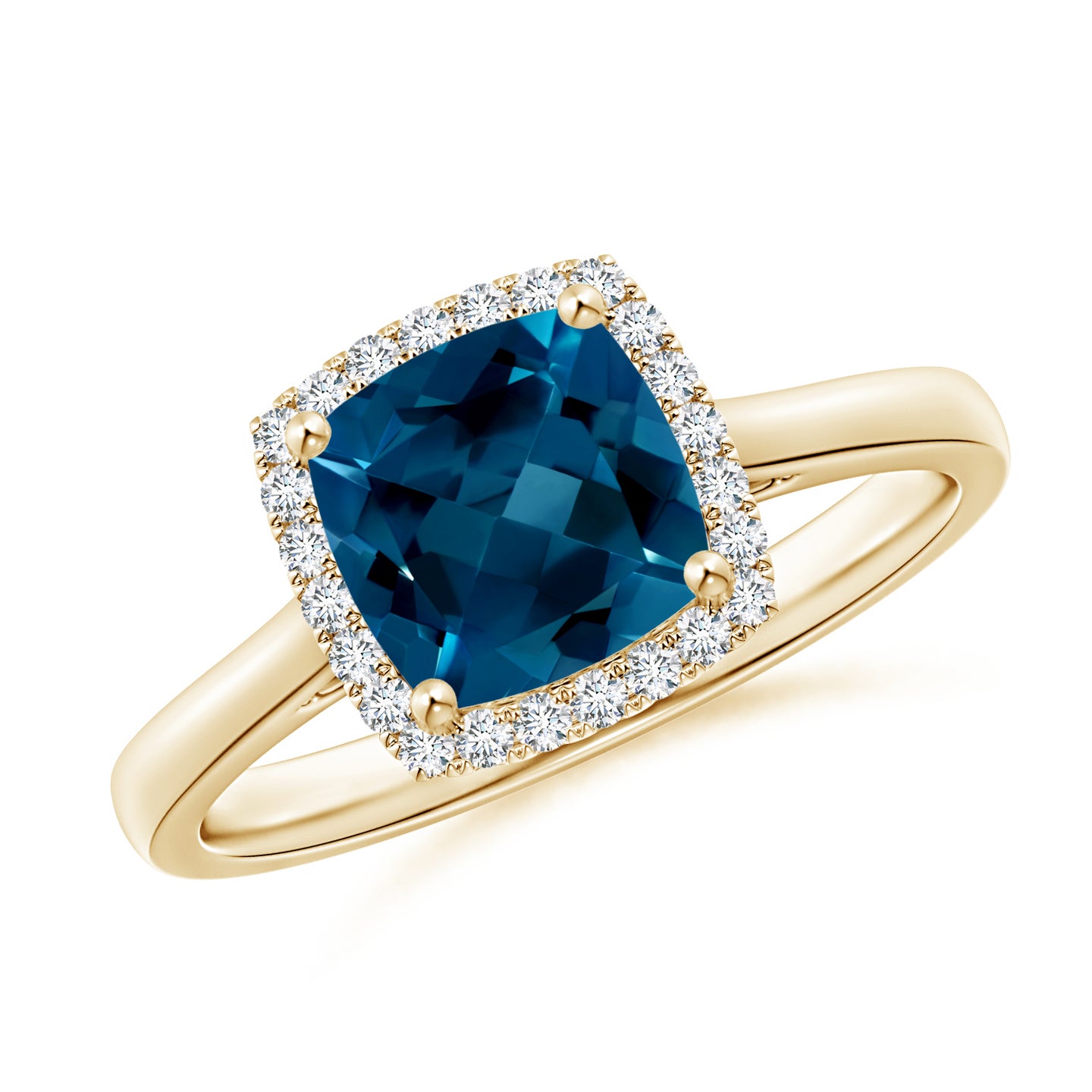 7mm AAAA Classic Cushion London Blue Topaz Halo Engagement Ring in Yellow Gold 7mm AAAA Classic Cushion London Blue Topaz Halo Engagement Ring in Yellow Gold