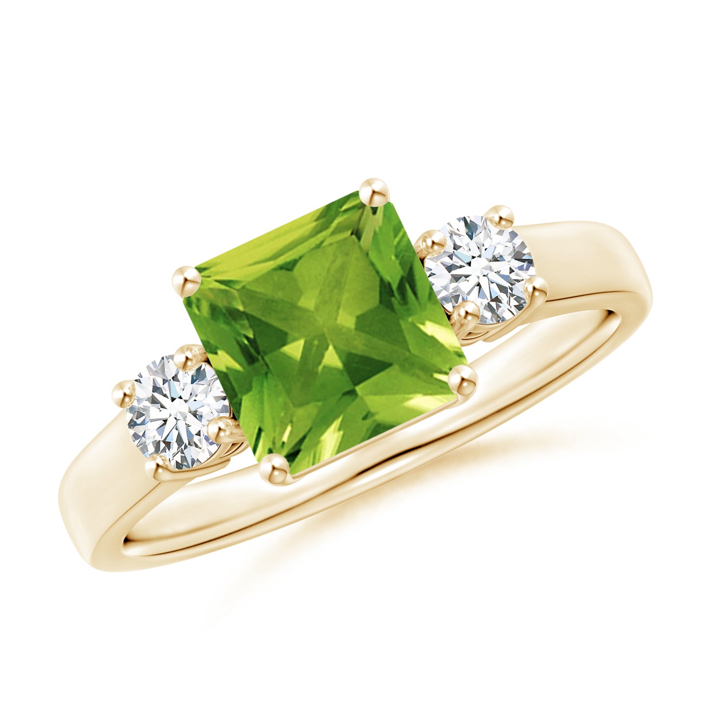 7mm AAAA Square Emerald-Cut Peridot and Diamond Three Stone Ring in Yellow Gold