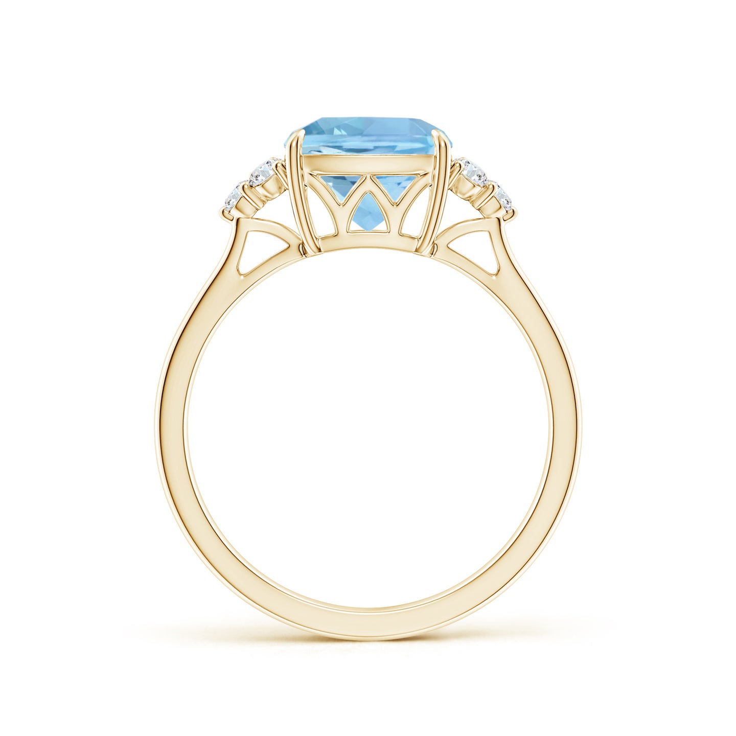 8mm AAAA Cushion Aquamarine Engagement Ring with Trio Diamonds in Yellow Gold