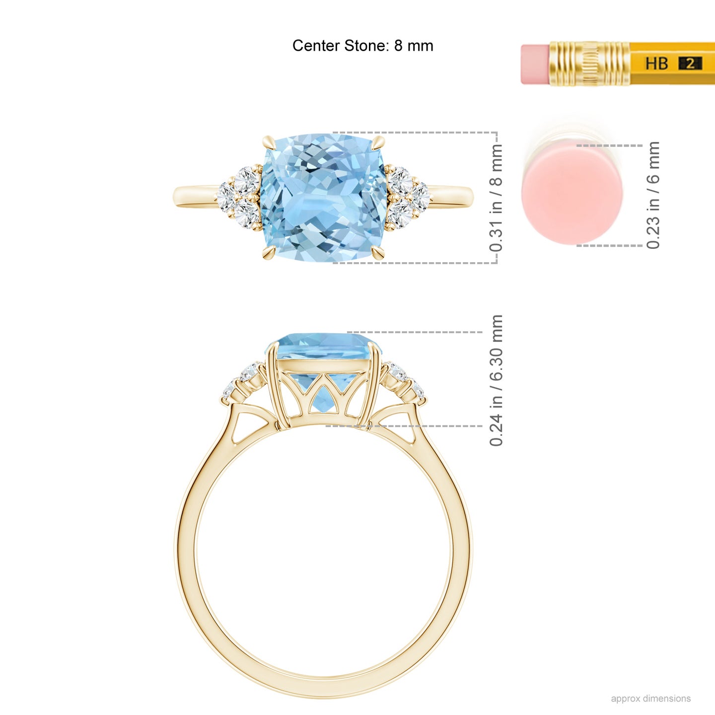8mm AAAA Cushion Aquamarine Engagement Ring with Trio Diamonds in Yellow Gold