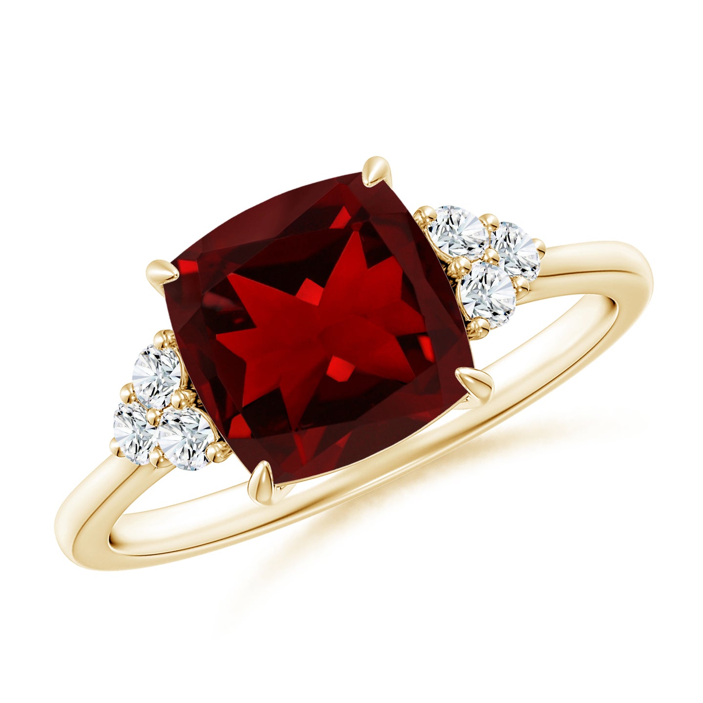 8mm AAAA Cushion Garnet Engagement Ring with Trio Diamonds in Yellow Gold