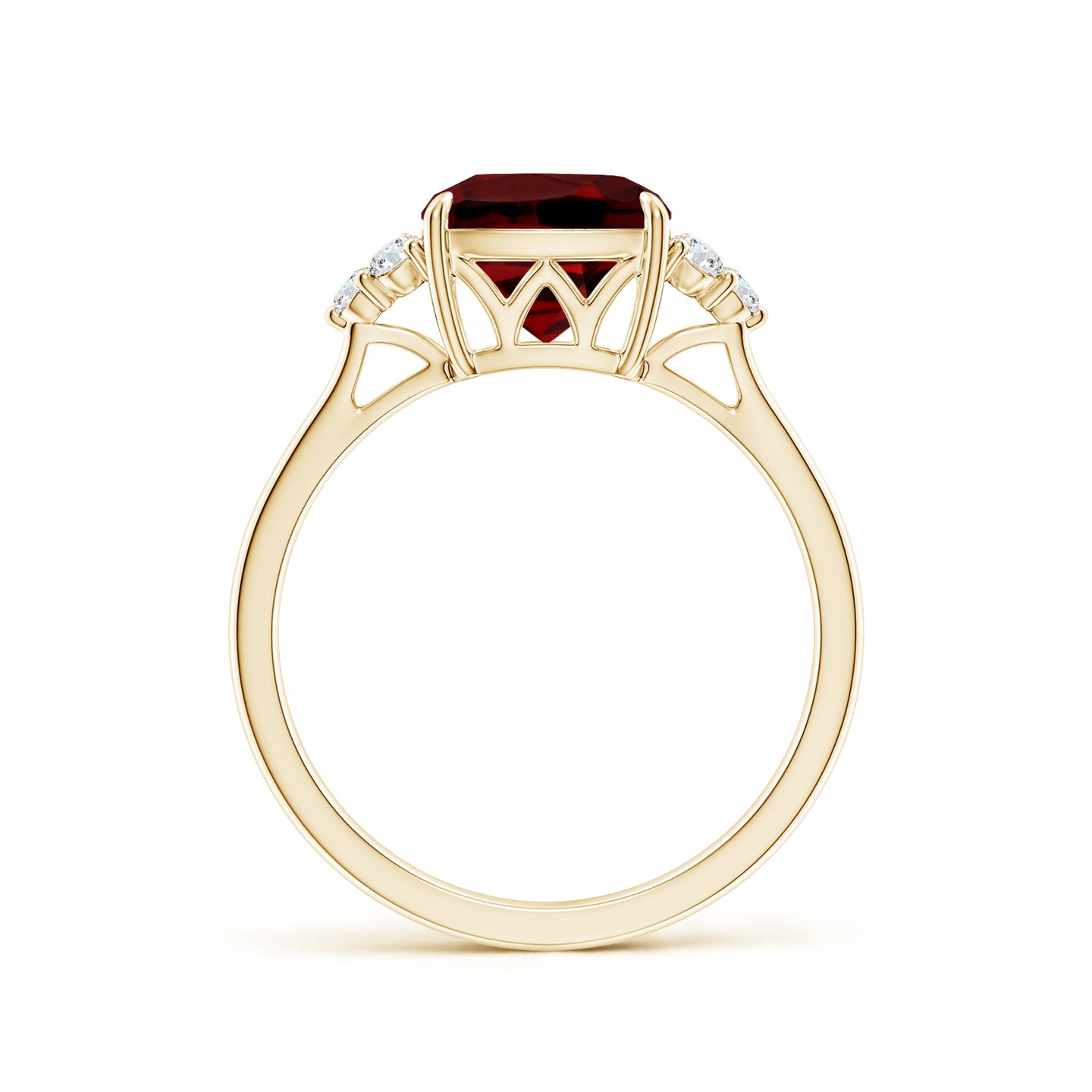 8mm AAAA Cushion Garnet Engagement Ring with Trio Diamonds in Yellow Gold