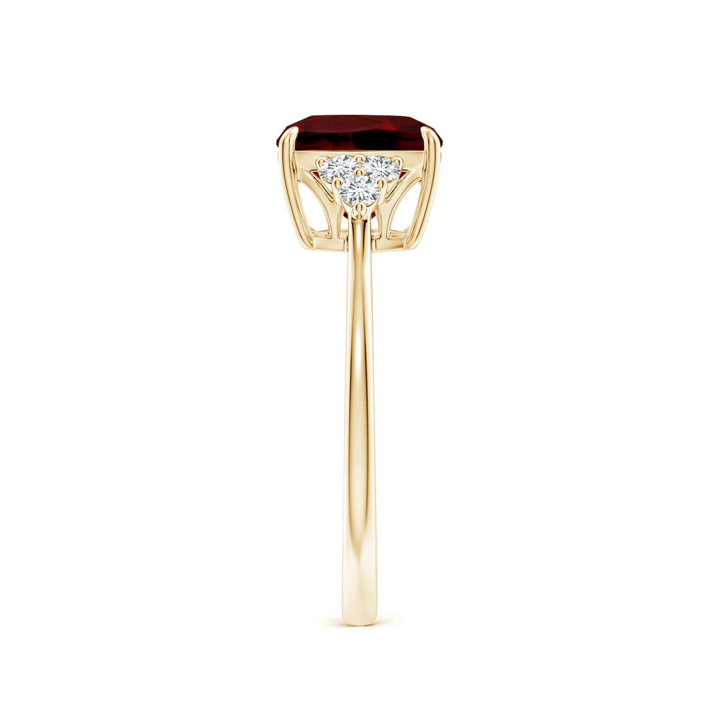 8mm AAAA Cushion Garnet Engagement Ring with Trio Diamonds in Yellow Gold