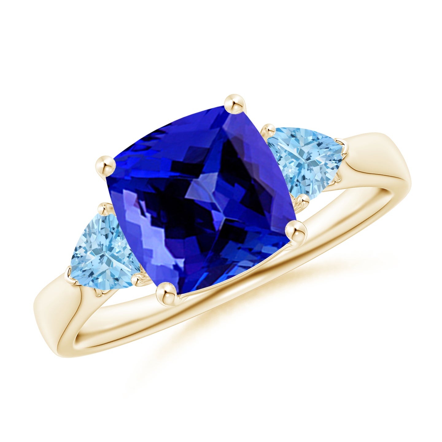 8mm AAAA Cushion Tanzanite and Trillion Aquamarine Three Stone Ring in Yellow Gold