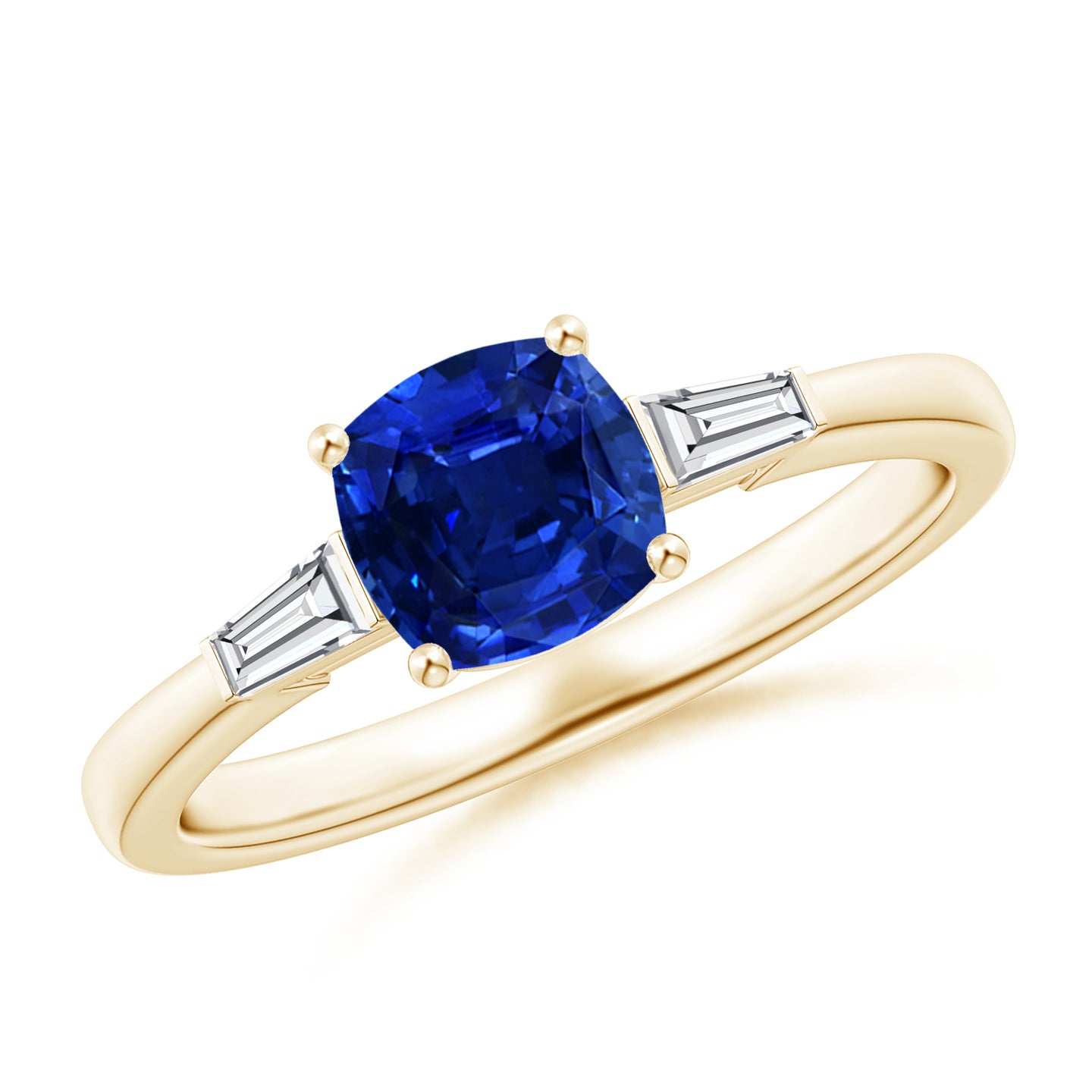 6mm AAAA Cushion Sapphire Ring with Bar-Set Tapered Baguette Diamonds in Yellow Gold