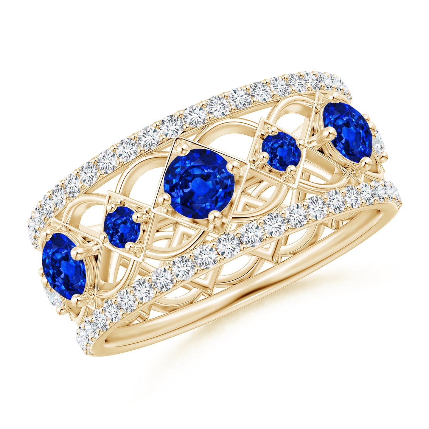 3.8mm AAAA Art Deco Inspired Graduated Sapphire and Diamond Ring in Yellow Gold
