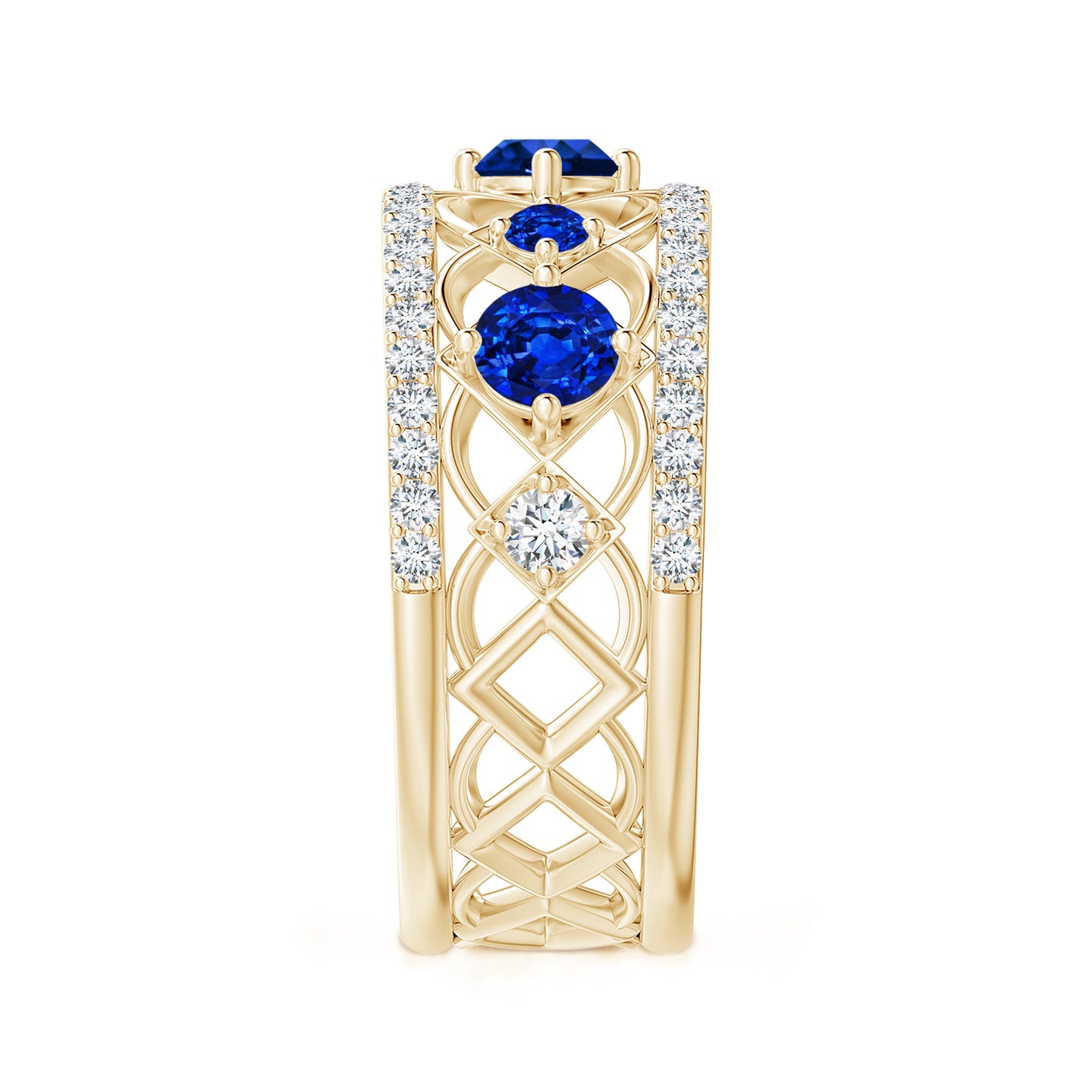 3.8mm AAAA Art Deco Inspired Graduated Sapphire and Diamond Ring in Yellow Gold