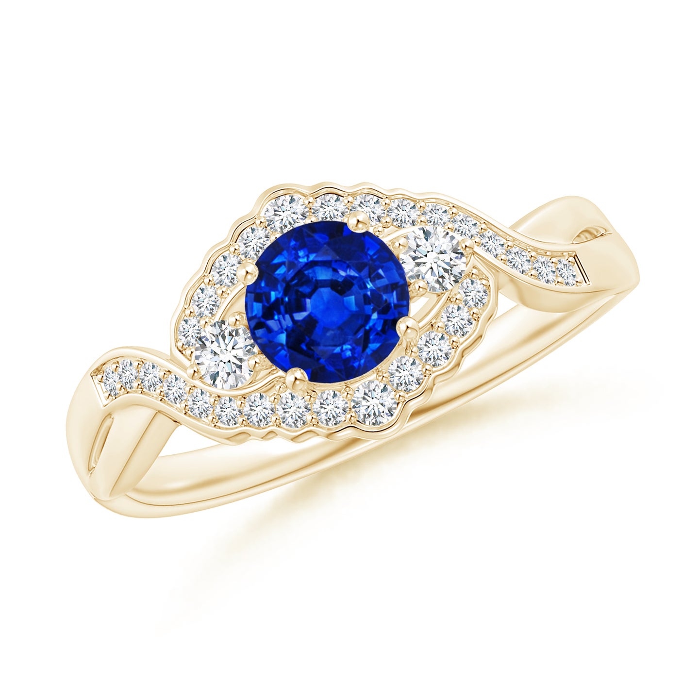 5mm AAAA Aeon Vintage Style Sapphire & Diamond Floral Halo Three Stone Engagement Ring in Yellow Gold