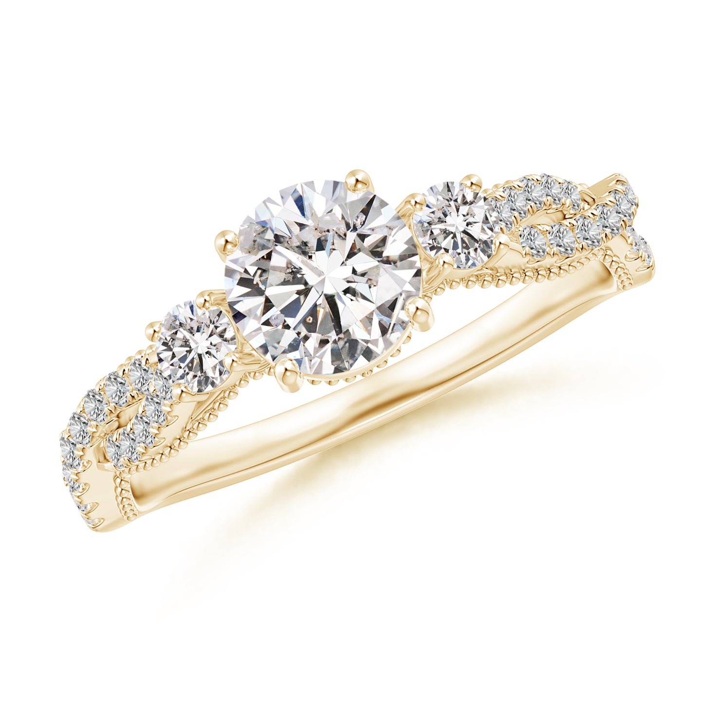 6mm IJI1I2 Aeon Vintage Inspired Three Stone Diamond Criss Cross Shank Engagement Ring in Yellow Gold