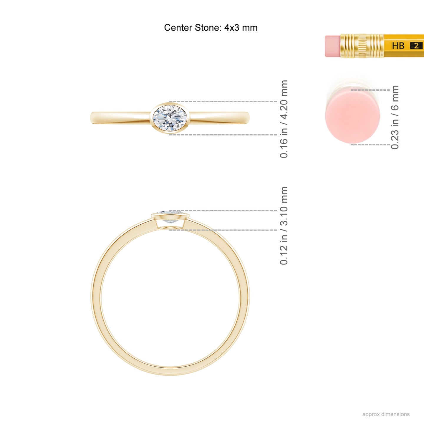 4x3mm GVS2 East-West Oval Diamond Solitaire Ring in Bezel Setting in Yellow Gold