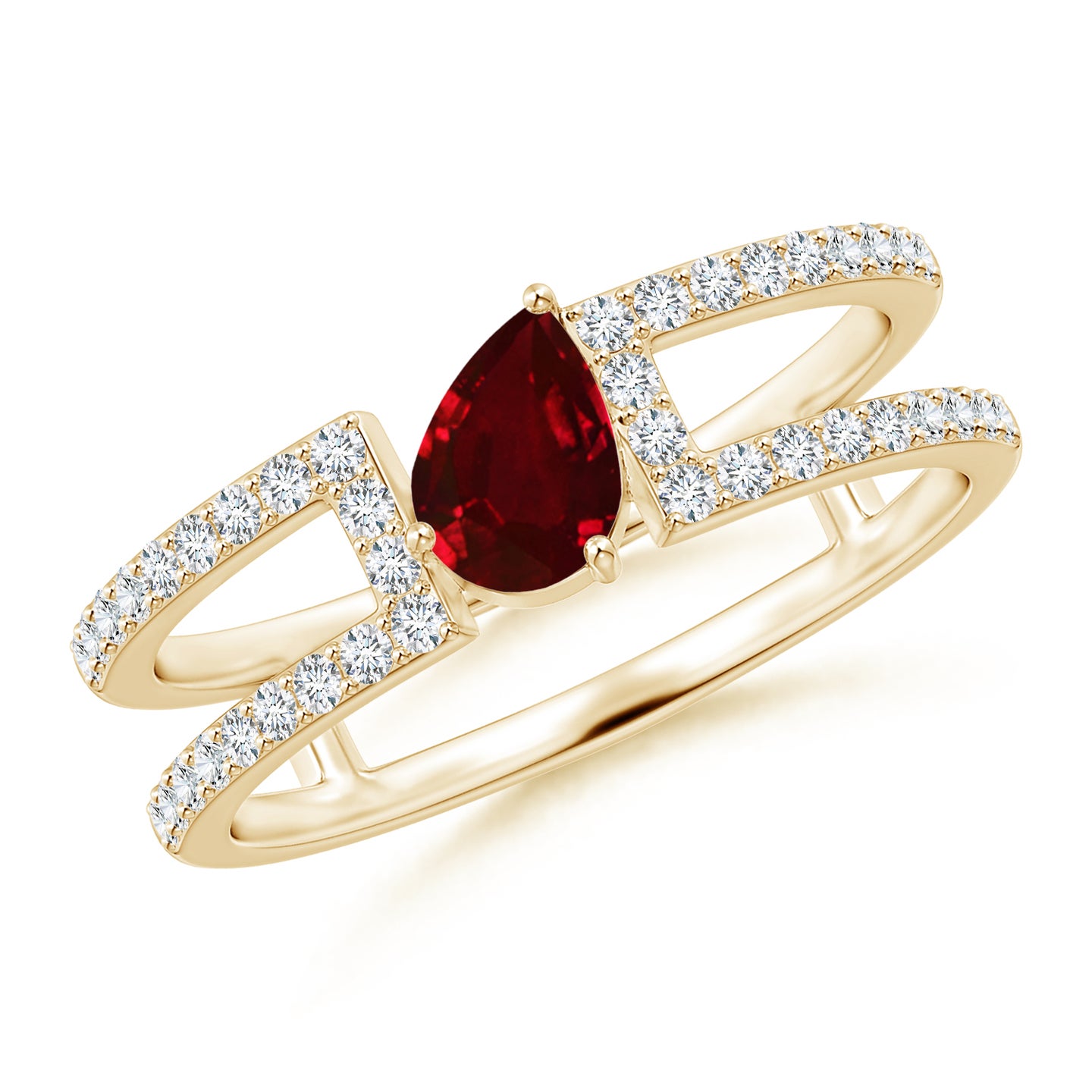 Tilted Pear Ruby Parallel Split Shank Ring