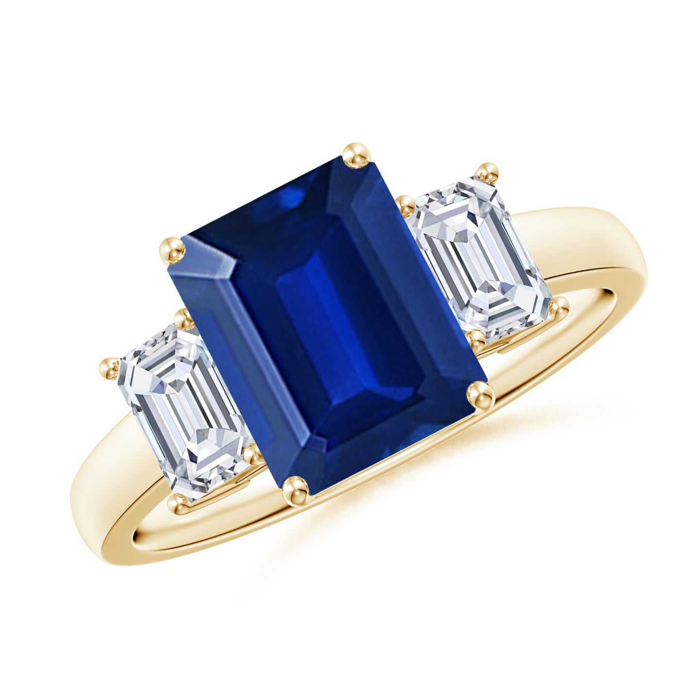 Lab-Grown Emerald-Cut Blue Sapphire and Lab Diamond Three Stone Ring