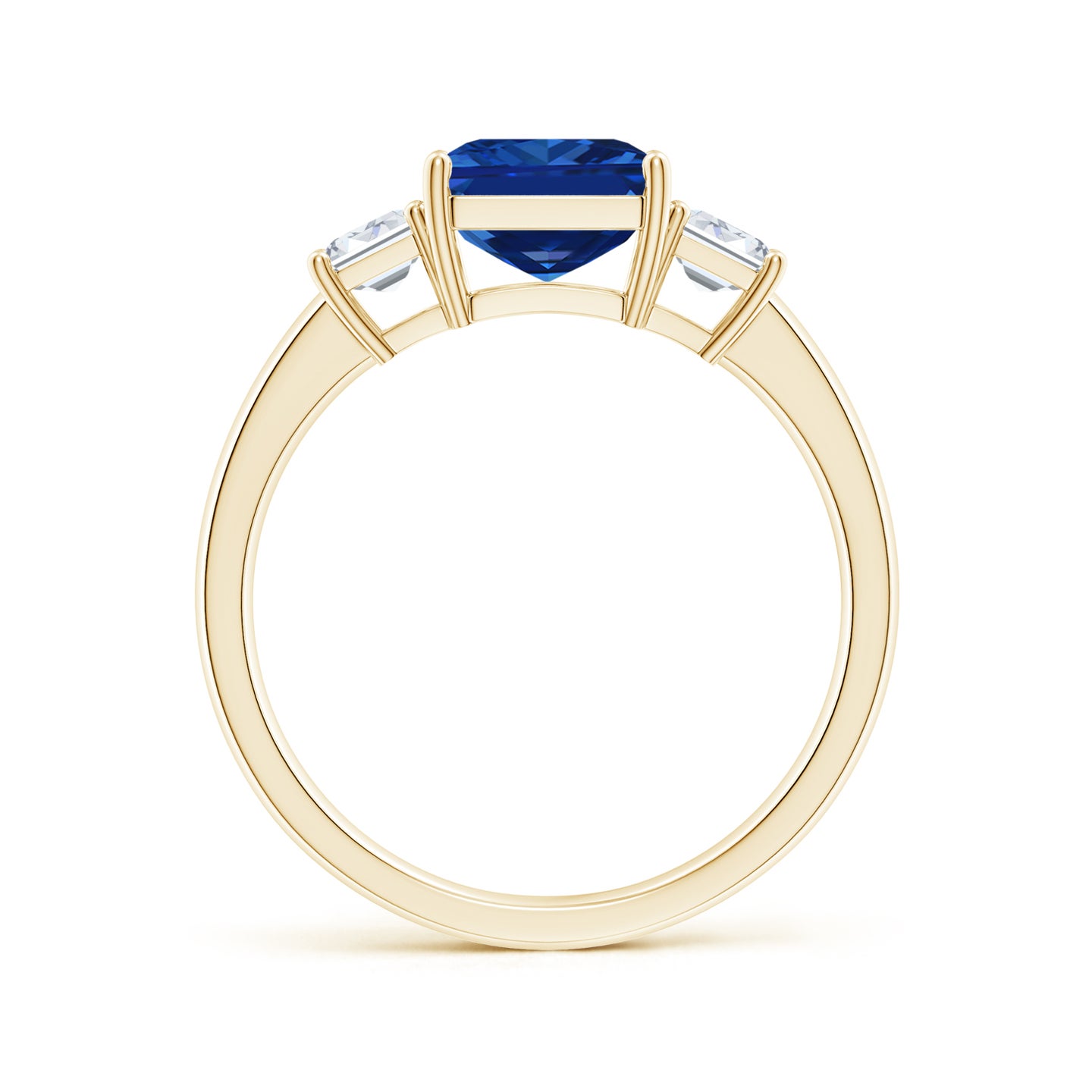 Lab-Grown Emerald-Cut Blue Sapphire and Lab Diamond Three Stone Ring