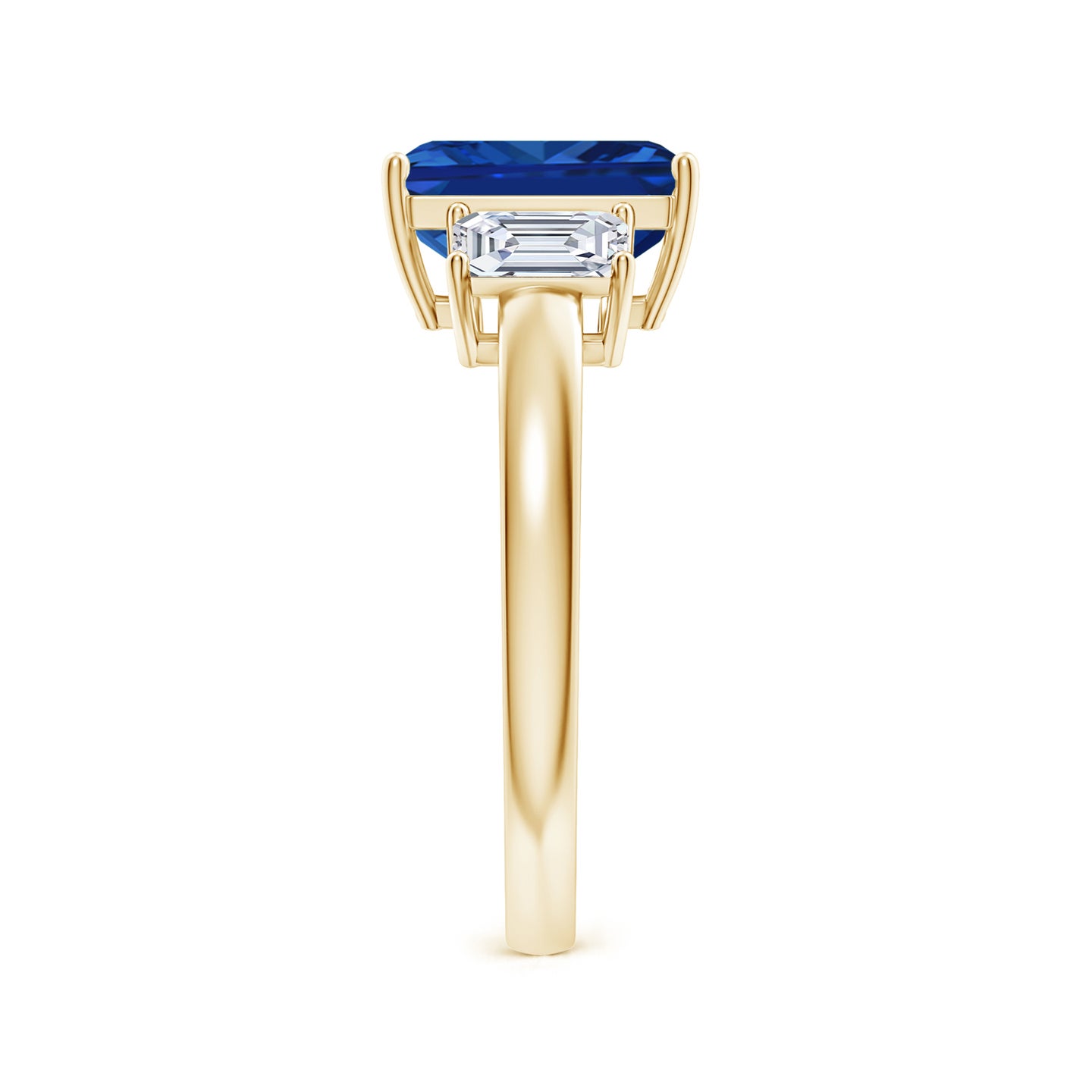 Lab-Grown Emerald-Cut Blue Sapphire and Lab Diamond Three Stone Ring