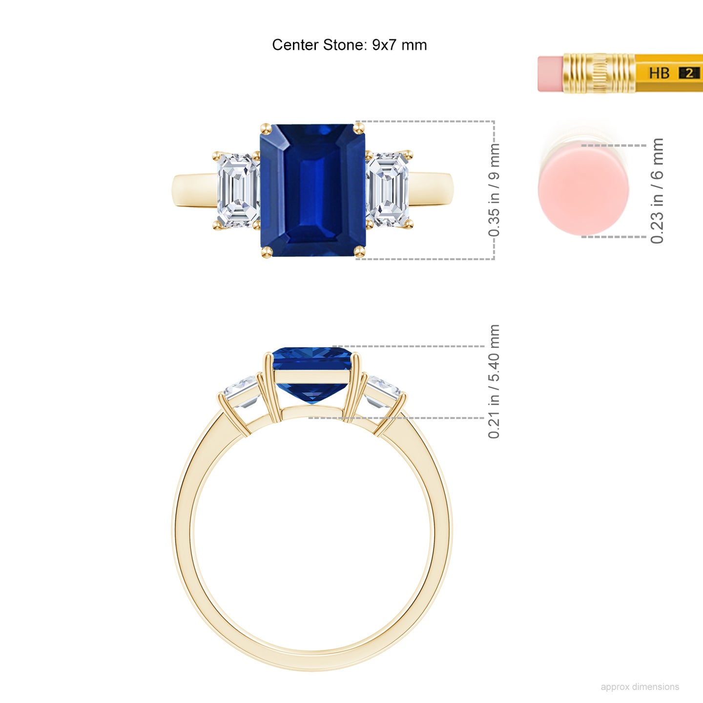 Lab-Grown Emerald-Cut Blue Sapphire and Lab Diamond Three Stone Ring
