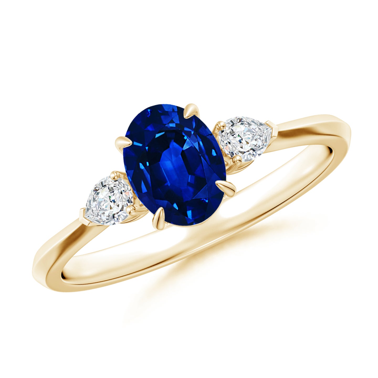 Lab-Grown Oval Blue Sapphire and Pear Diamond Three Stone Engagement Ring
