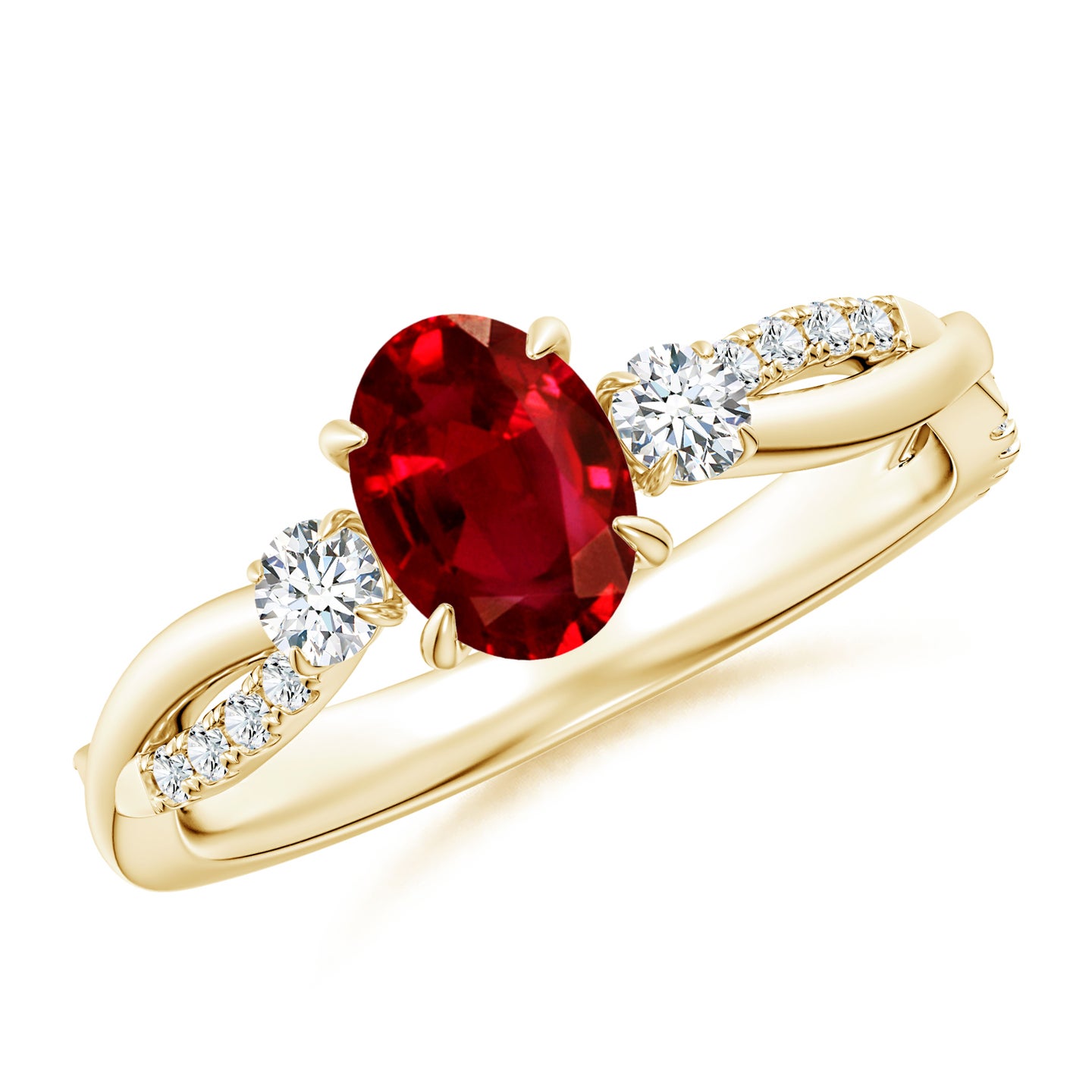 Three Stone Oval Ruby & Round Diamond Engagement Ring