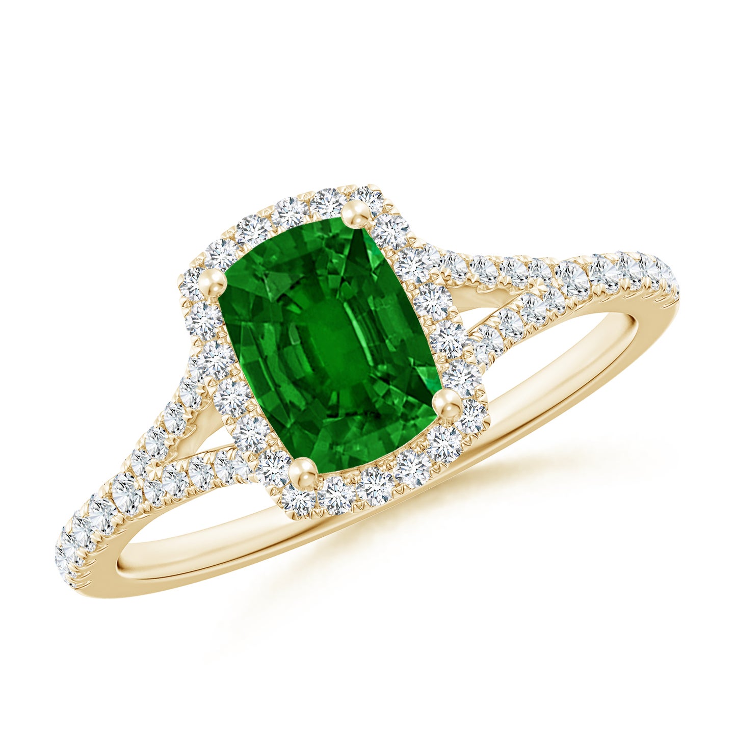 Cushion Rectangular Emerald Halo Split Shank Engagement Ring