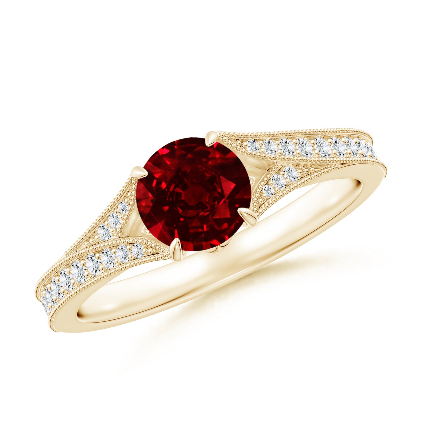 Vintage Inspired Round Ruby Split Shank Engagement Ring | Angara India