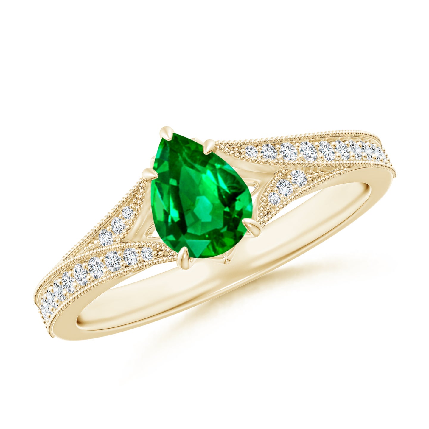 Vintage Inspired Pear Emerald Split Shank Engagement Ring