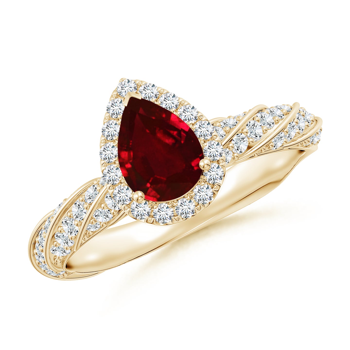 Pear Ruby Halo Twisted Rope Shank Engagement Ring