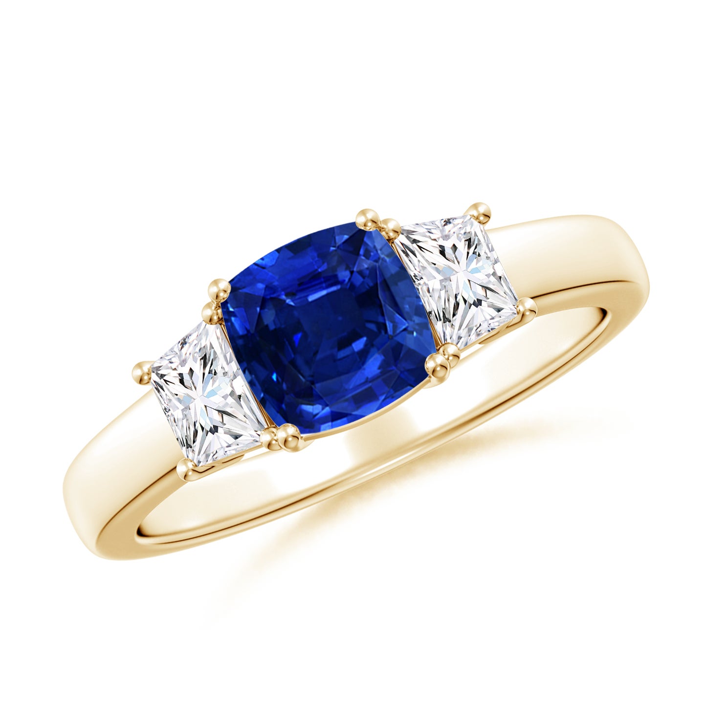 Classic Cushion Blue Sapphire and Trapezoid Diamond Three Stone Engagement Ring