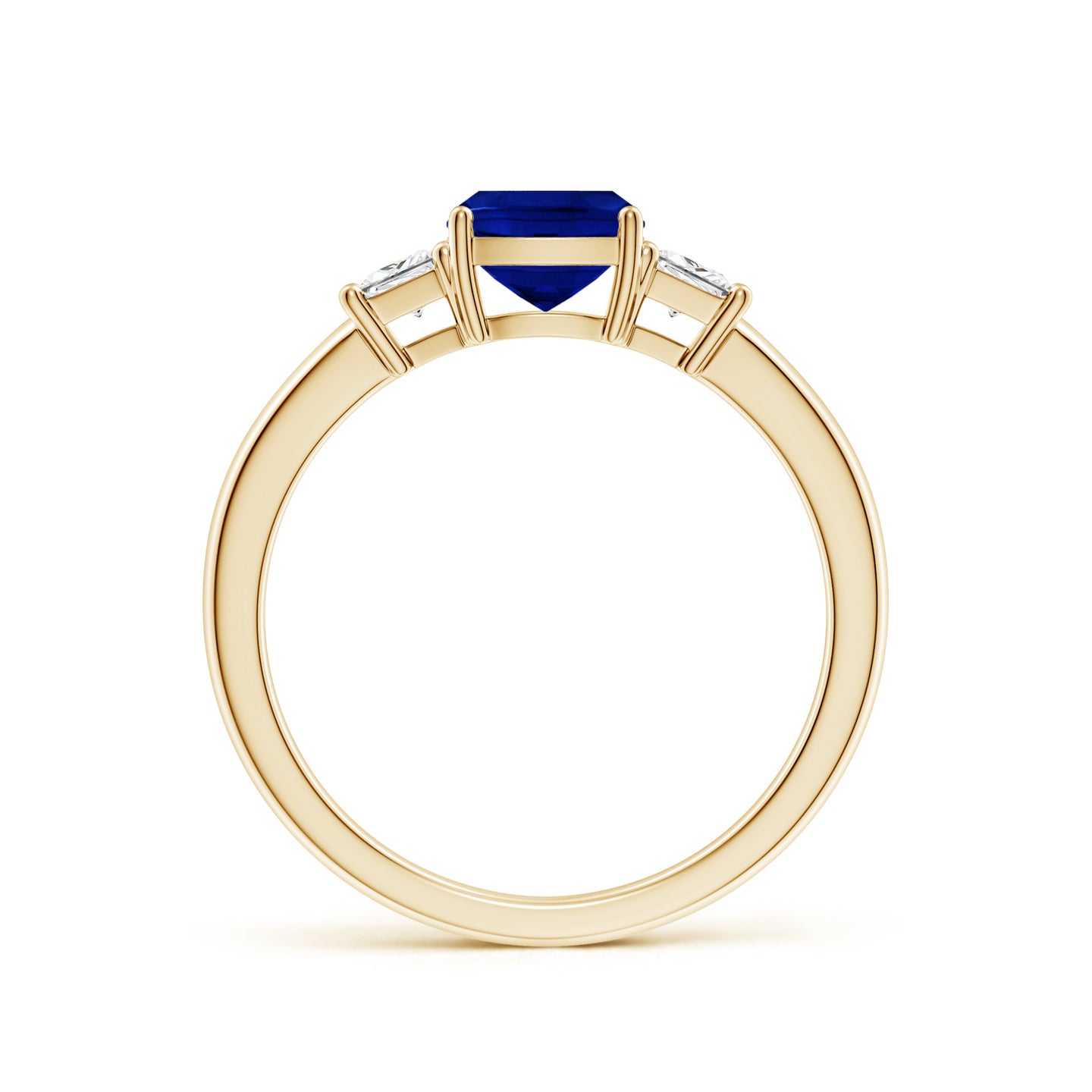 Classic Cushion Lab-Grown Blue Sapphire and Trapezoid Diamond Three Stone Engagement Ring